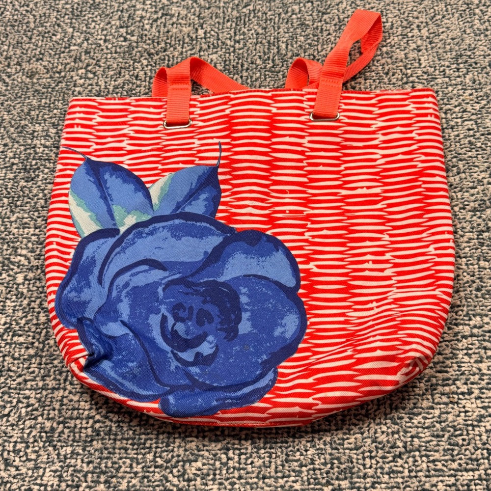 Lancome Paris Tote Bag Red White Abstract Blue Rose Floral Canvas Shopper
